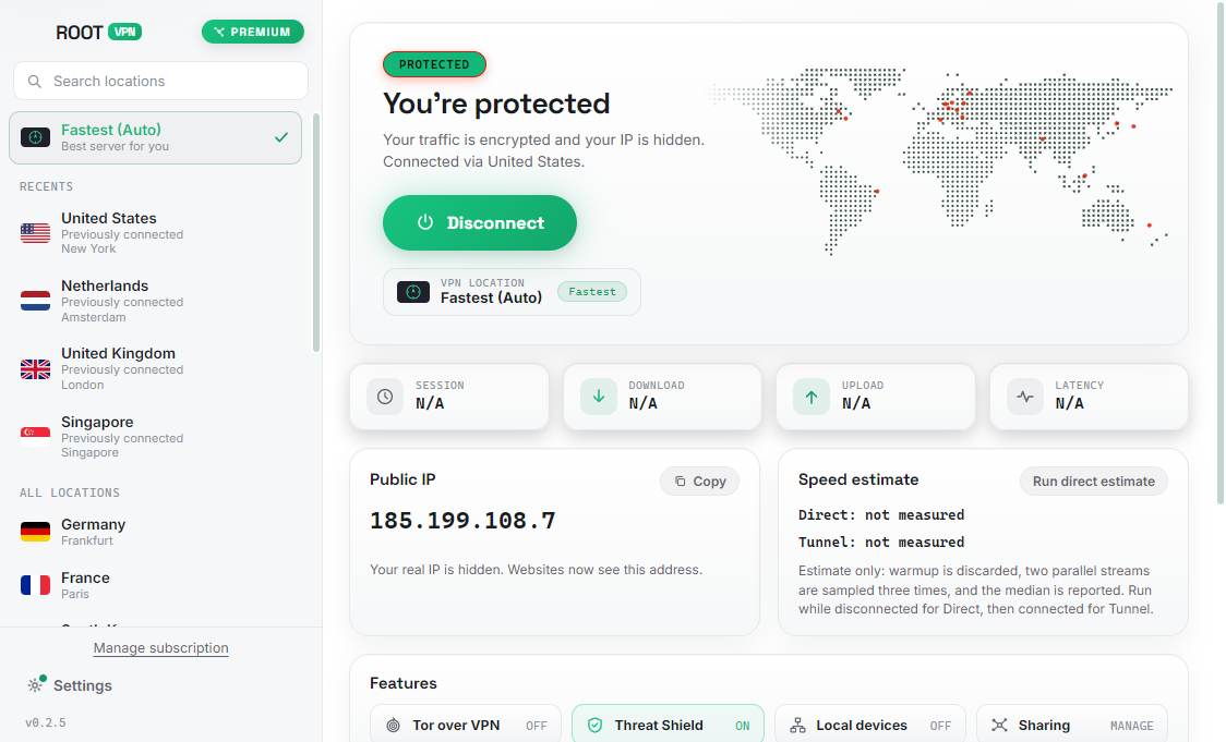 ROOT VPN app connected and protected, with a new hidden IP address