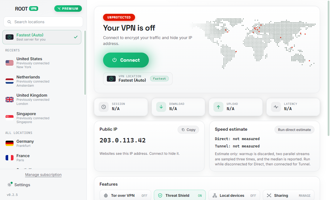 ROOT VPN app disconnected, showing your VPN is off and your public IP