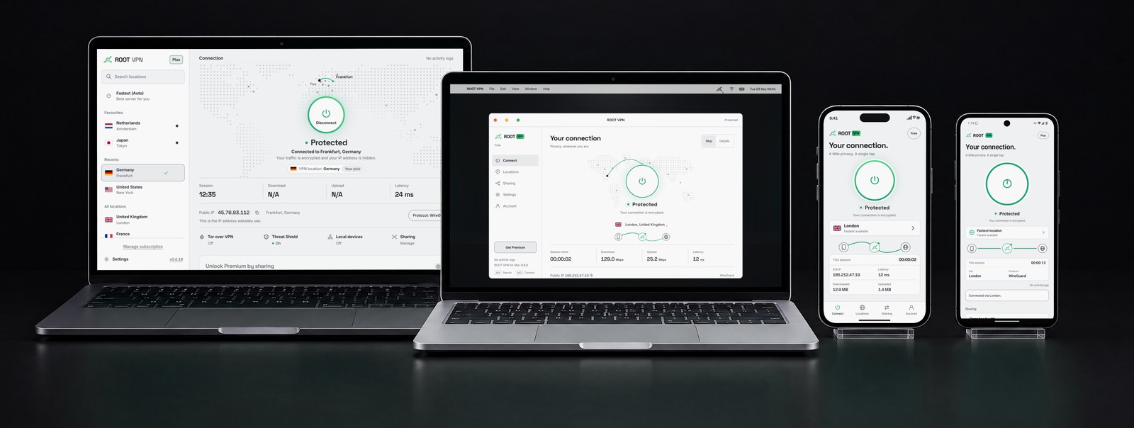 ROOT VPN on a Windows laptop, a Mac, an iPhone and an Android phone, each showing Protected.
